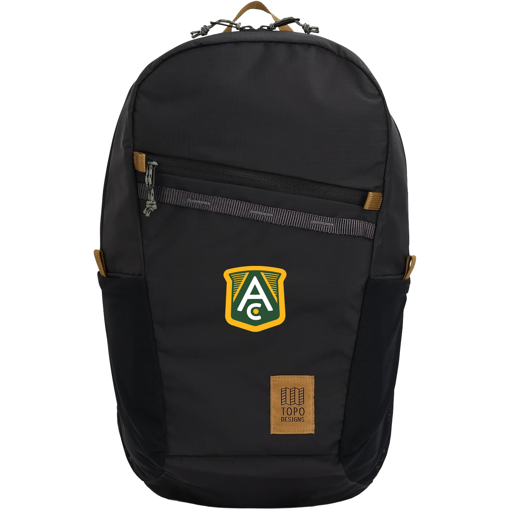 Topo Designs Peakview Packable Backpack in a lightweight recycled nylon ripstop construction, featuring a spacious zippered main compartment, front zippered pocket, mesh water bottle pockets, laptop sleeve, hydration storage, and front daisy chain webbing for travel, hiking, commuting, and everyday carry.