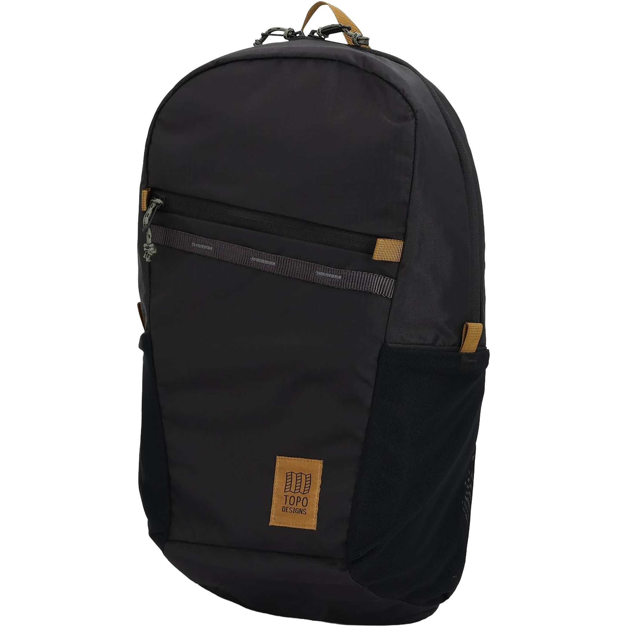 Topo Designs Peakview Packable Backpack in a lightweight recycled nylon ripstop construction, featuring a spacious zippered main compartment, front zippered pocket, mesh water bottle pockets, laptop sleeve, hydration storage, and front daisy chain webbing for travel, hiking, commuting, and everyday carry.
