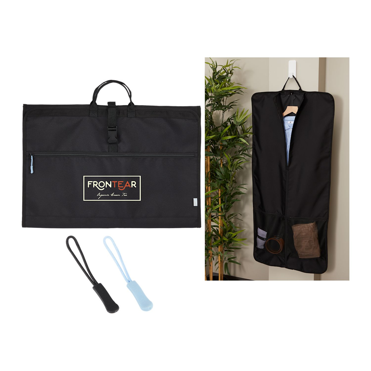 Black Wander & Roam Garment Bag in durable black 600D RPET ripstop, featuring a zippered garment compartment, interior accessory pockets, front zippered pocket, double grab handles, and black molded zipper pulls for organized clothing storage and travel.