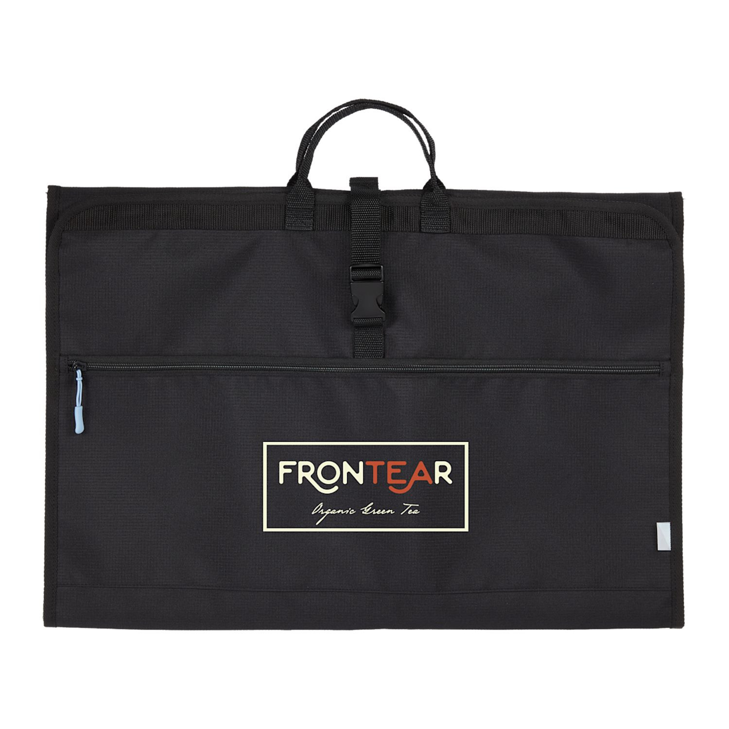 Black Wander & Roam Garment Bag in durable black 600D RPET ripstop, featuring a zippered garment compartment, interior accessory pockets, front zippered pocket, double grab handles, and black molded zipper pulls for organized clothing storage and travel.