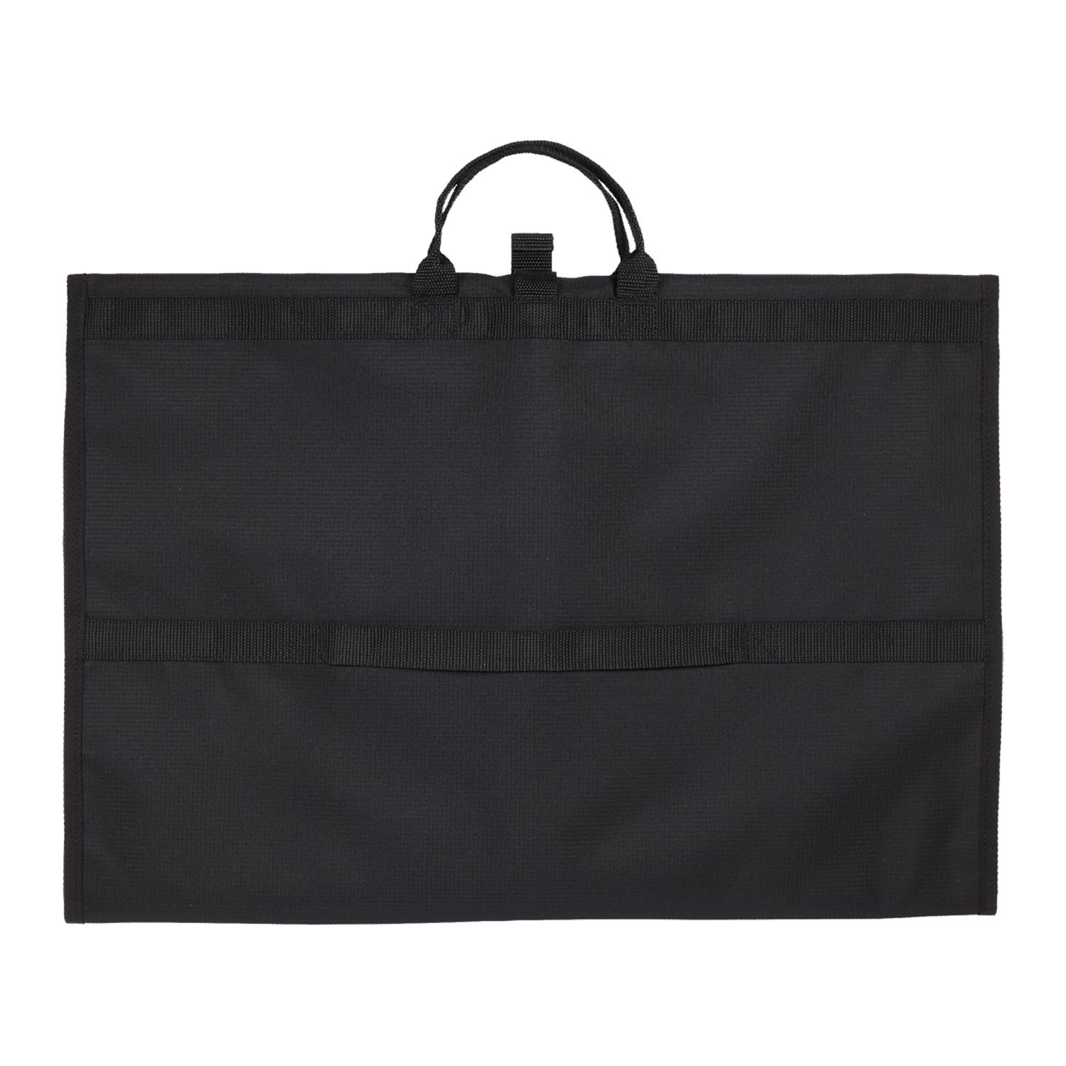 Black Wander & Roam Garment Bag in durable black 600D RPET ripstop, featuring a zippered garment compartment, interior accessory pockets, front zippered pocket, double grab handles, and black molded zipper pulls for organized clothing storage and travel.