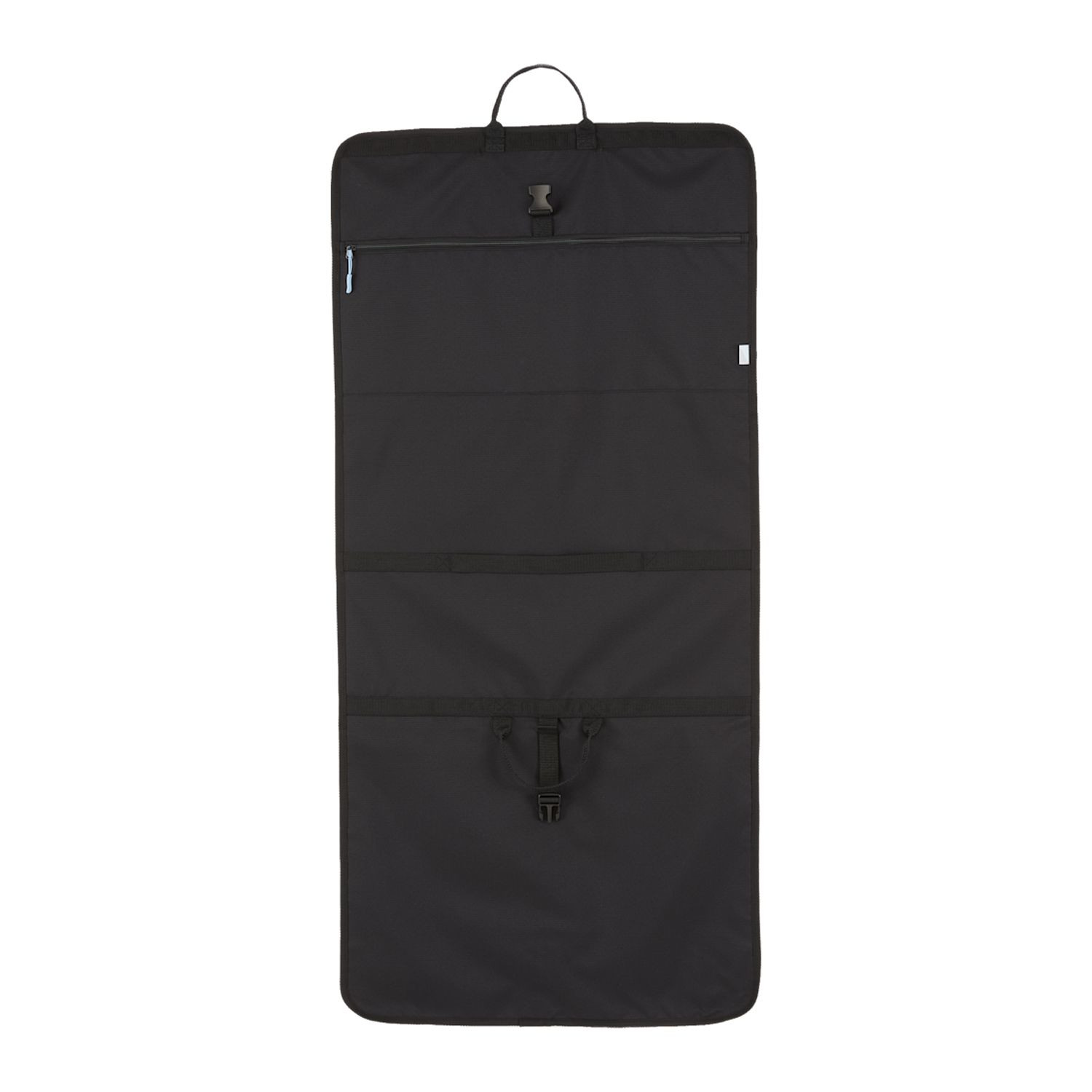 Black Wander & Roam Garment Bag in durable black 600D RPET ripstop, featuring a zippered garment compartment, interior accessory pockets, front zippered pocket, double grab handles, and black molded zipper pulls for organized clothing storage and travel.