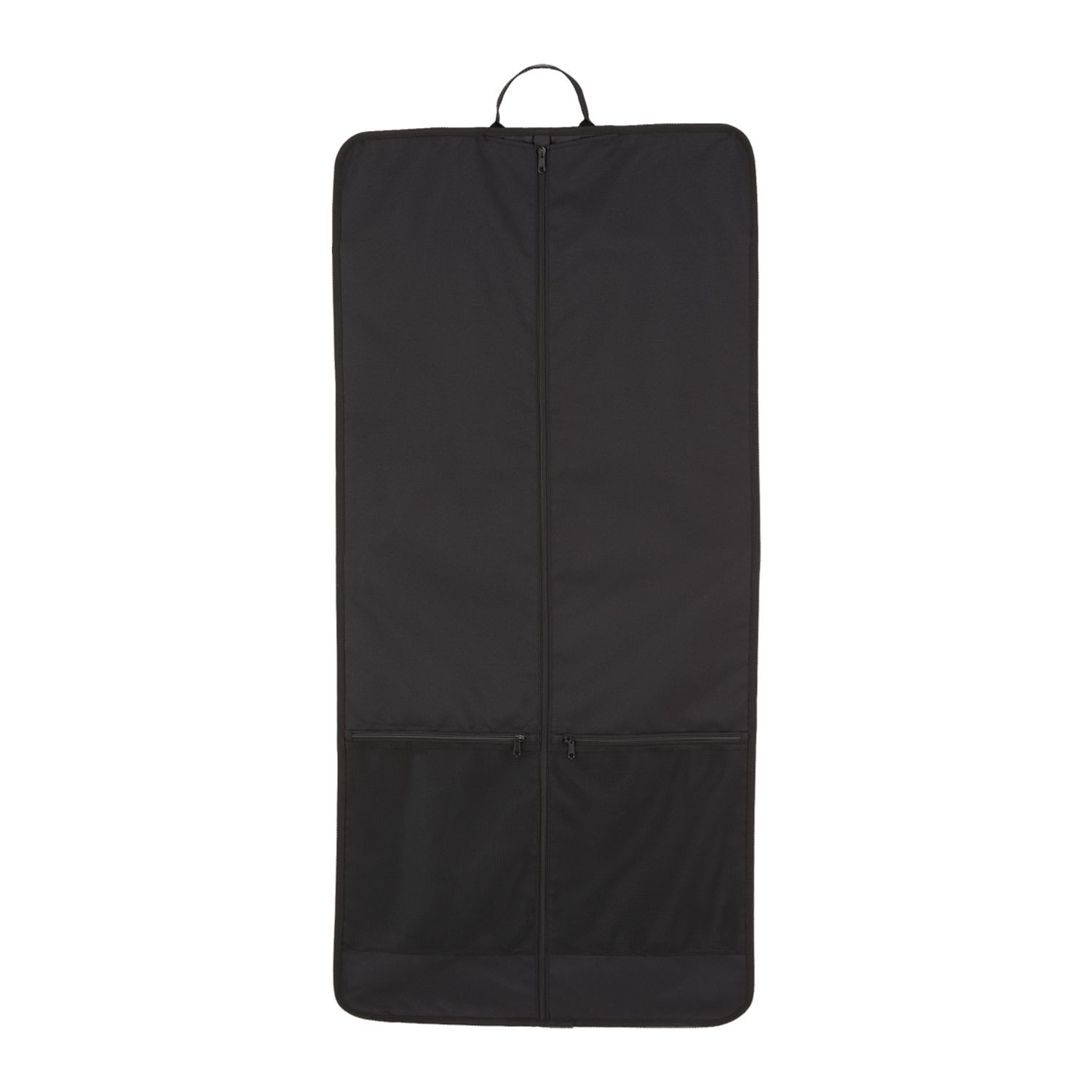Black Wander & Roam Garment Bag in durable black 600D RPET ripstop, featuring a zippered garment compartment, interior accessory pockets, front zippered pocket, double grab handles, and black molded zipper pulls for organized clothing storage and travel.