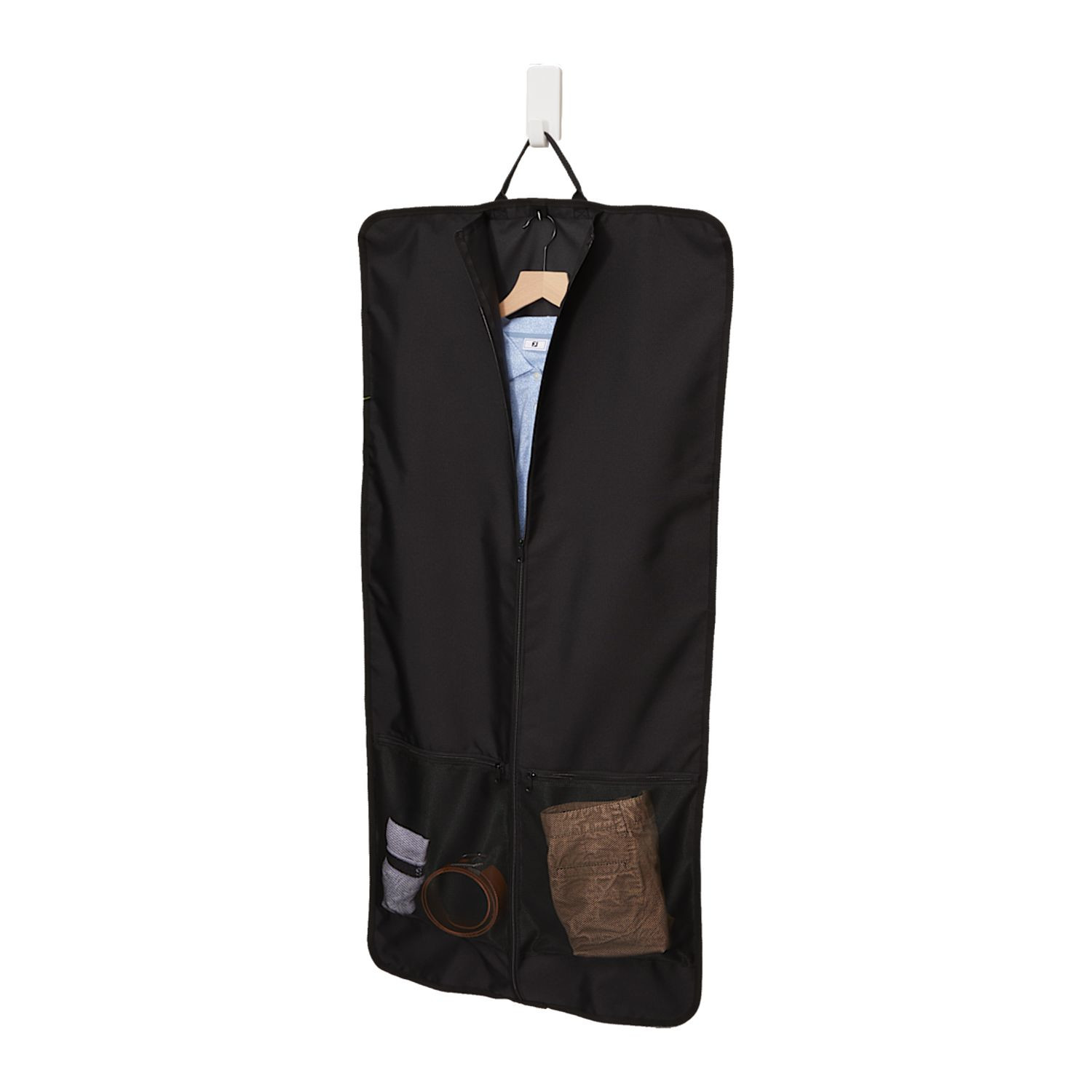 Black Wander & Roam Garment Bag in durable black 600D RPET ripstop, featuring a zippered garment compartment, interior accessory pockets, front zippered pocket, double grab handles, and black molded zipper pulls for organized clothing storage and travel.