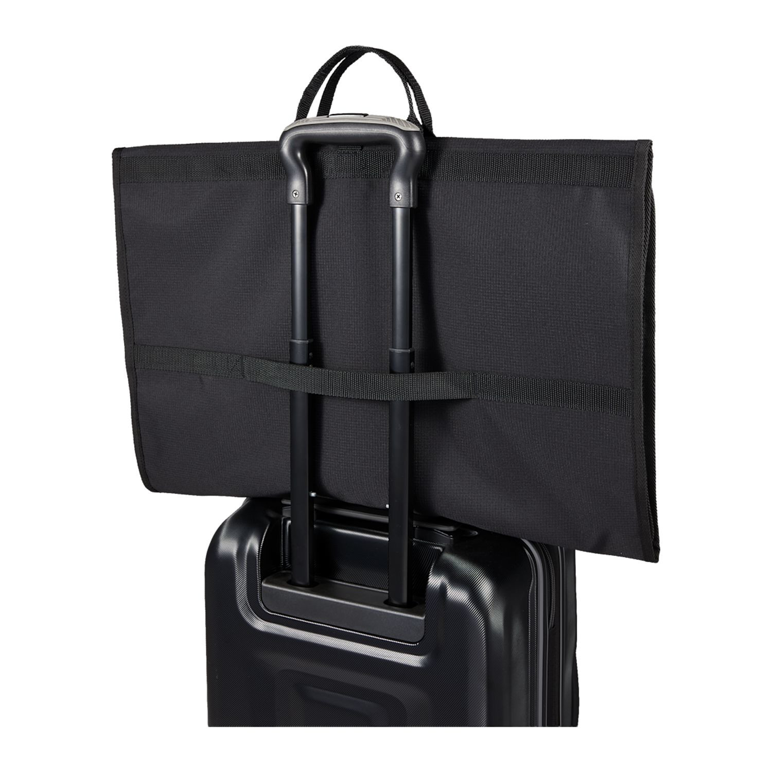 Black Wander & Roam Garment Bag in durable black 600D RPET ripstop, featuring a zippered garment compartment, interior accessory pockets, front zippered pocket, double grab handles, and black molded zipper pulls for organized clothing storage and travel.