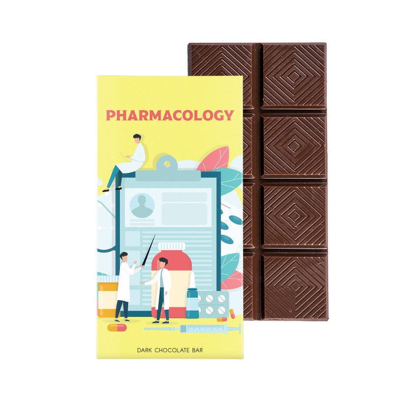 Dark chocolate bar promotional gift box featuring six chocolate bars in a bookcase-style package with a customizable full-color exterior.