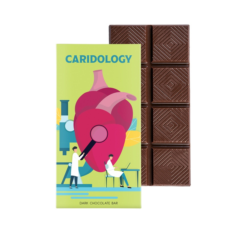 Dark chocolate bar promotional gift box featuring six chocolate bars in a bookcase-style package with a customizable full-color exterior.