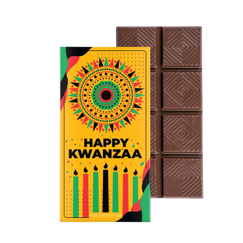 Dark chocolate bar promotional gift box featuring six chocolate bars in a bookcase-style package with a customizable full-color exterior.