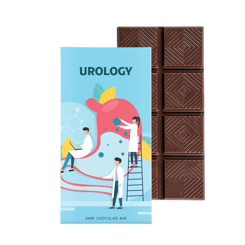 Dark chocolate bar promotional gift box featuring six chocolate bars in a bookcase-style package with a customizable full-color exterior.