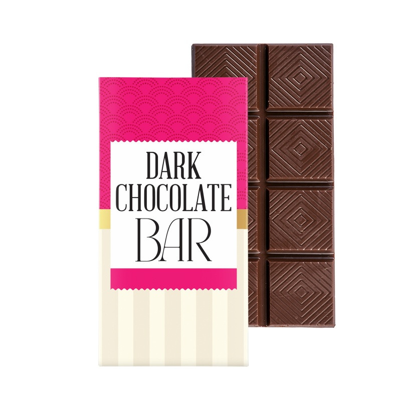 Dark chocolate bar promotional gift box featuring six chocolate bars in a bookcase-style package with a customizable full-color exterior.