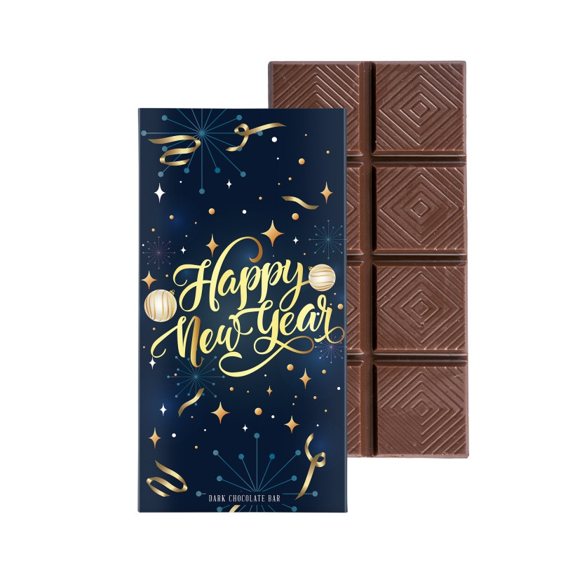 Dark chocolate bar promotional gift box featuring six chocolate bars in a bookcase-style package with a customizable full-color exterior.
