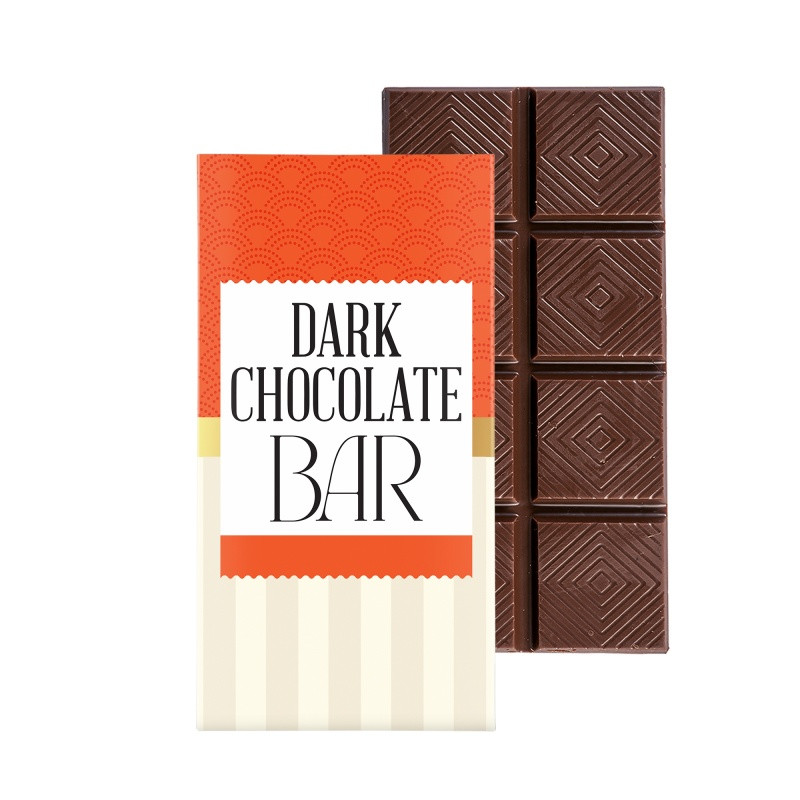 Dark chocolate bar promotional gift box featuring six chocolate bars in a bookcase-style package with a customizable full-color exterior.