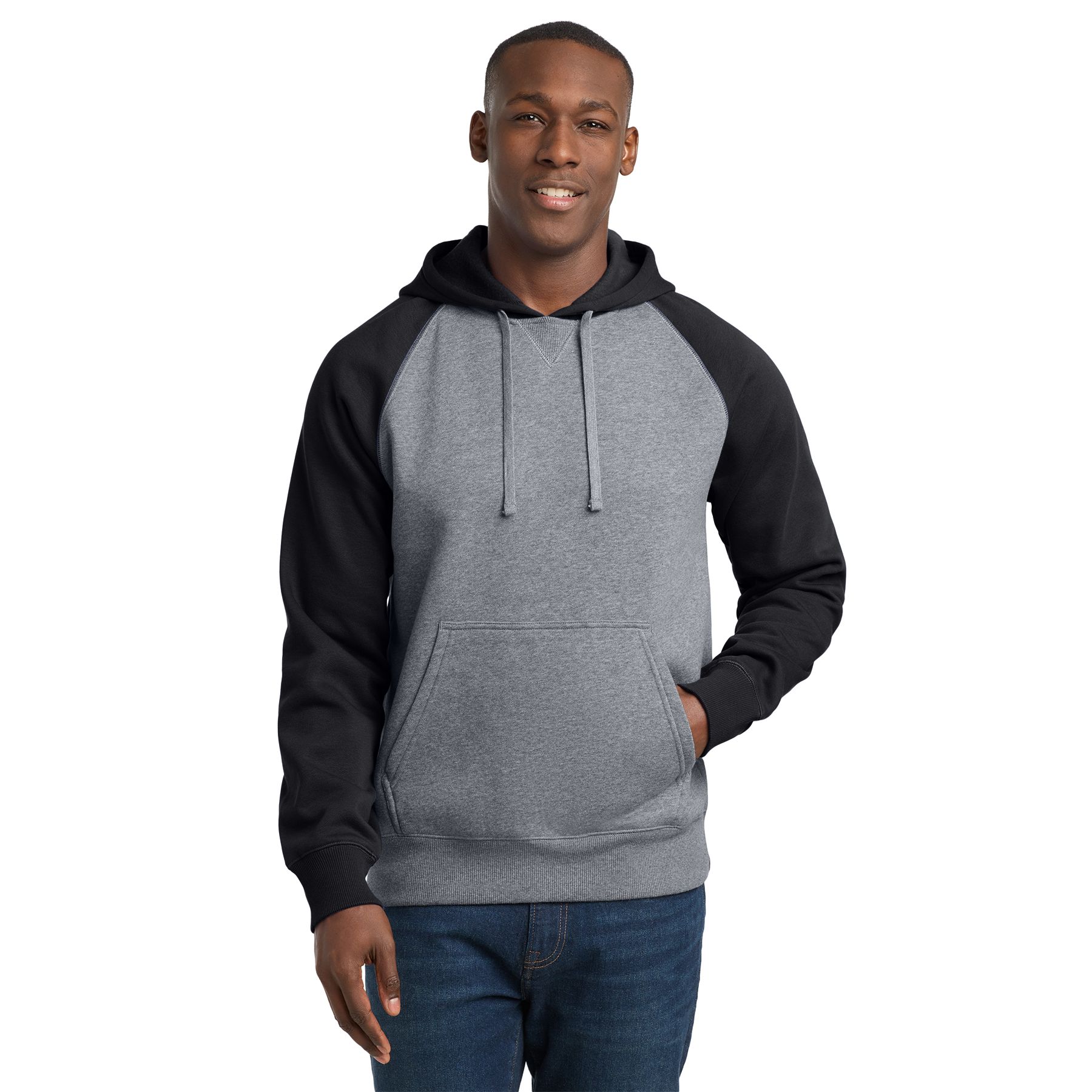 Black and vintage heather colorblocked pullover hooded sweatshirt with a three-panel hood, raglan sleeves, rib knit cuffs and hem, and front pouch pocket.