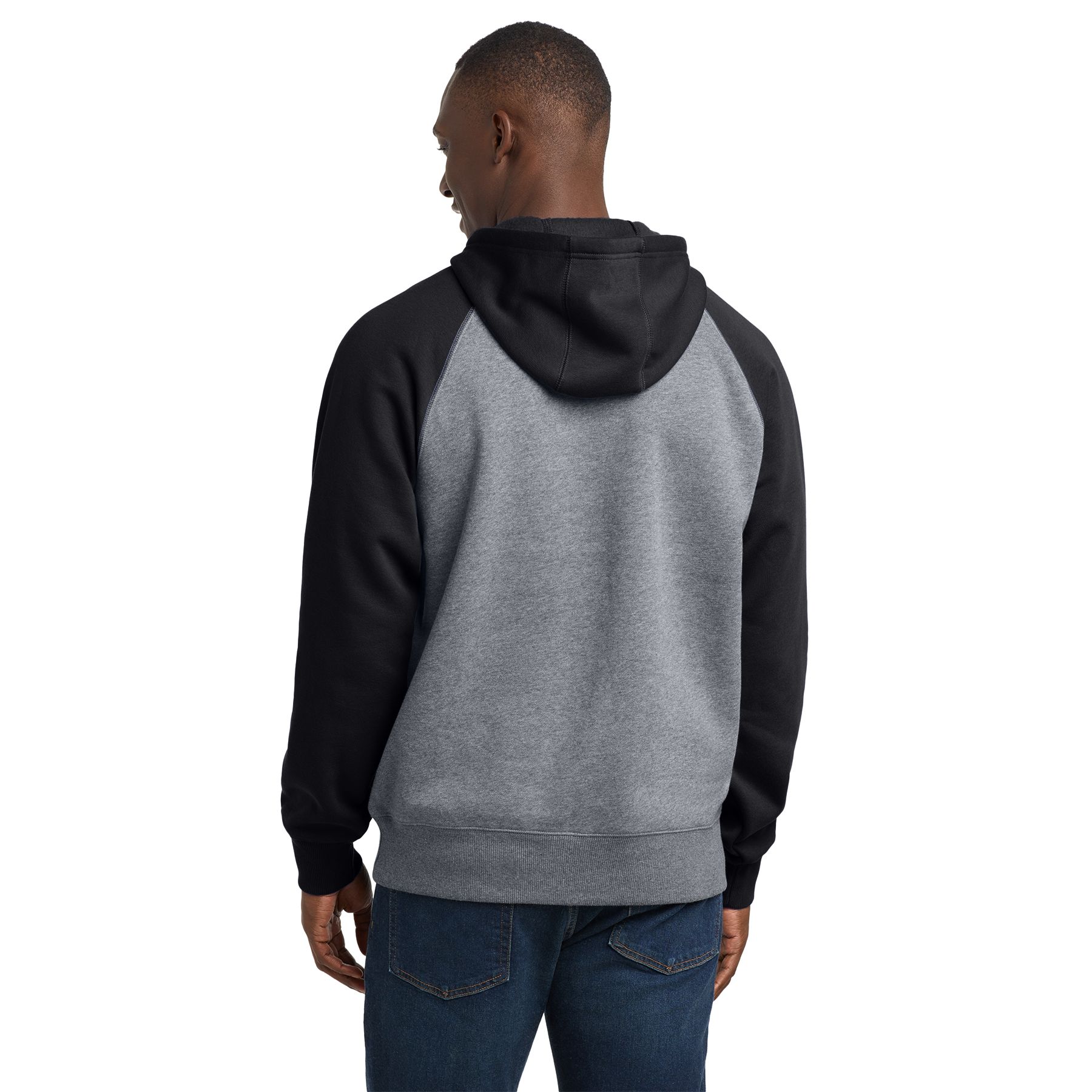 Black and vintage heather colorblocked pullover hooded sweatshirt with a three-panel hood, raglan sleeves, rib knit cuffs and hem, and front pouch pocket.