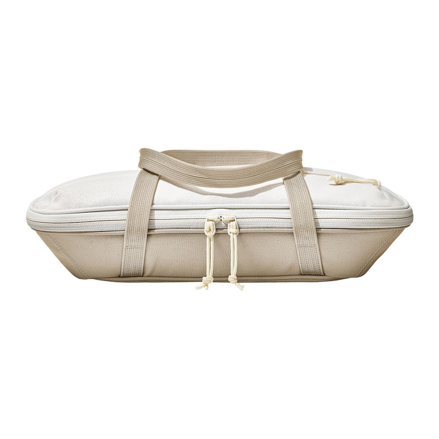 Tan OXO Good Grips Insulated Bakeware Carrier with durable exterior fabric, insulated interior with aluminum lining, generous carry handles, and a front zippered pocket, designed to transport 9 x 13-inch bakeware and keep hot or cold dishes at temperature during potlucks, parties, and family gatherings.