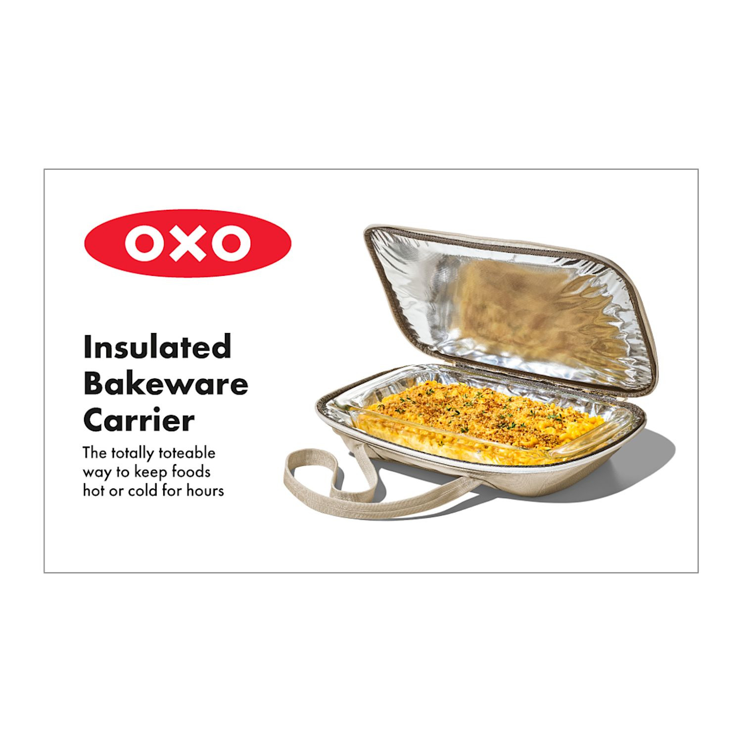Tan OXO Good Grips Insulated Bakeware Carrier with durable exterior fabric, insulated interior with aluminum lining, generous carry handles, and a front zippered pocket, designed to transport 9 x 13-inch bakeware and keep hot or cold dishes at temperature during potlucks, parties, and family gatherings.