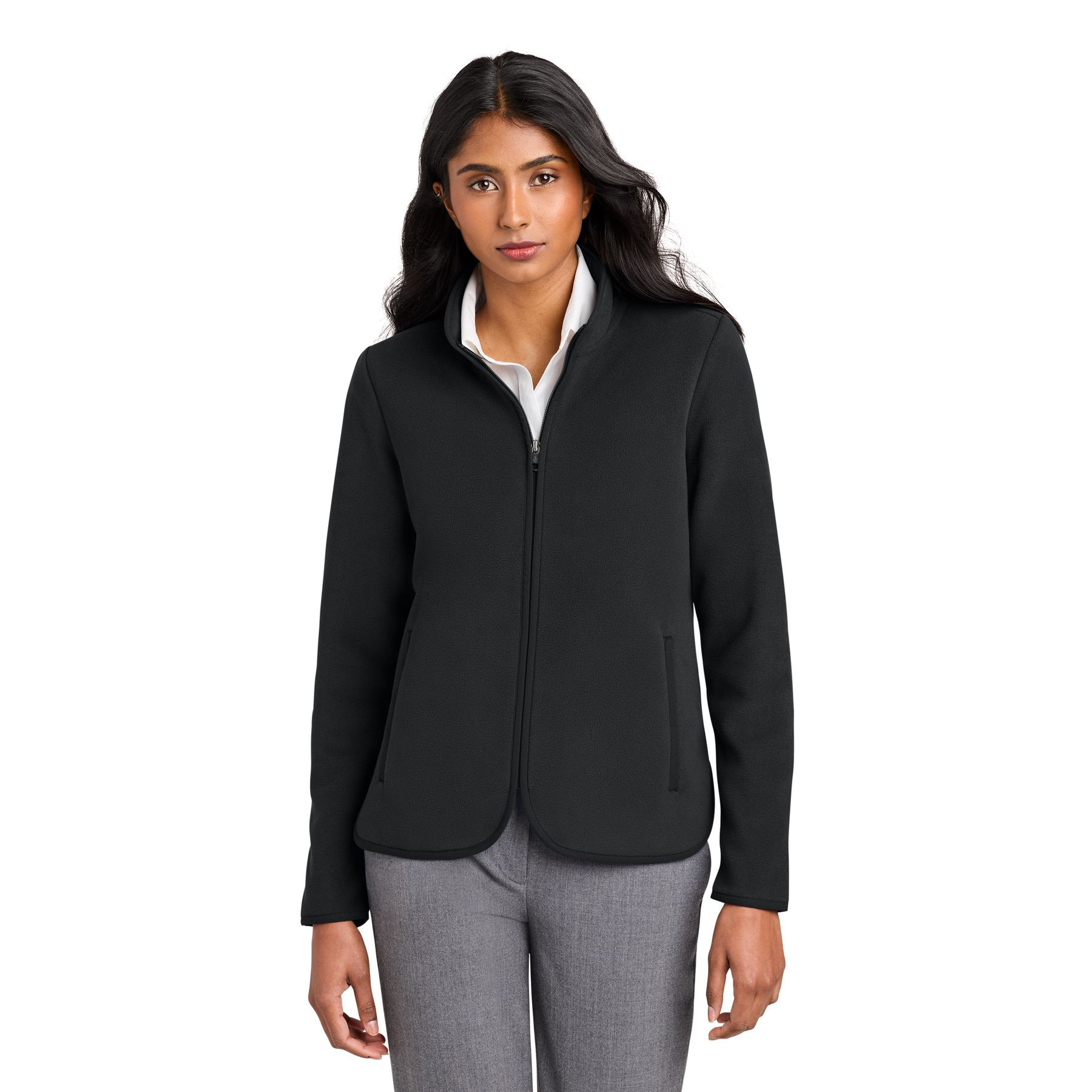 Deep black women's full-zip fleece jacket made from soft brushed polyester fleece with an anti-pill finish, zippered hand pockets, knit and woven binding details, and a curved hem.
