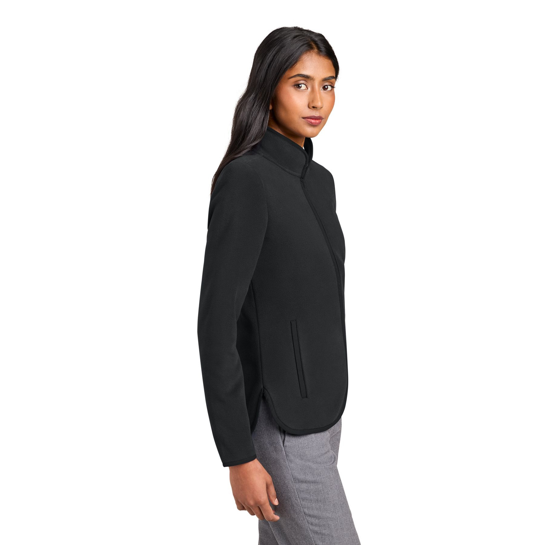Deep black women's full-zip fleece jacket made from soft brushed polyester fleece with an anti-pill finish, zippered hand pockets, knit and woven binding details, and a curved hem.