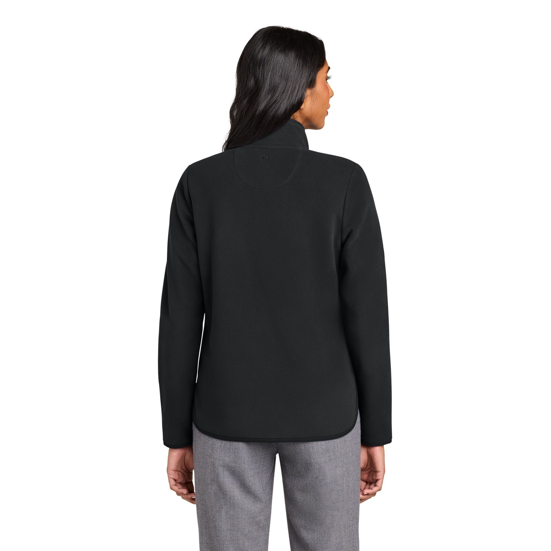Deep black women's full-zip fleece jacket made from soft brushed polyester fleece with an anti-pill finish, zippered hand pockets, knit and woven binding details, and a curved hem.