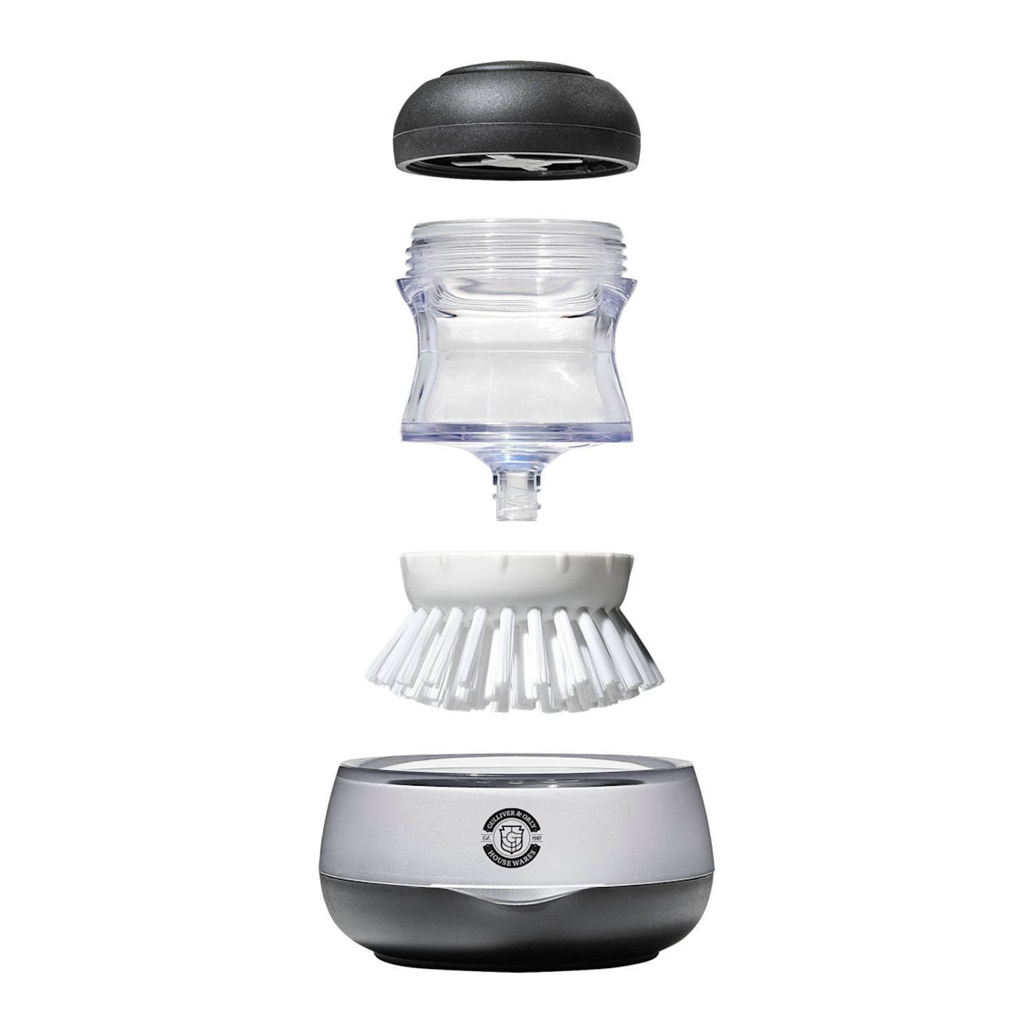Black OXO Good Grips Soap Dispensing Palm Brush Storage Set with compact countertop holder, white and gray design, durable nylon bristles, and soap-dispensing palm brush for convenient dishwashing and kitchen cleanup.