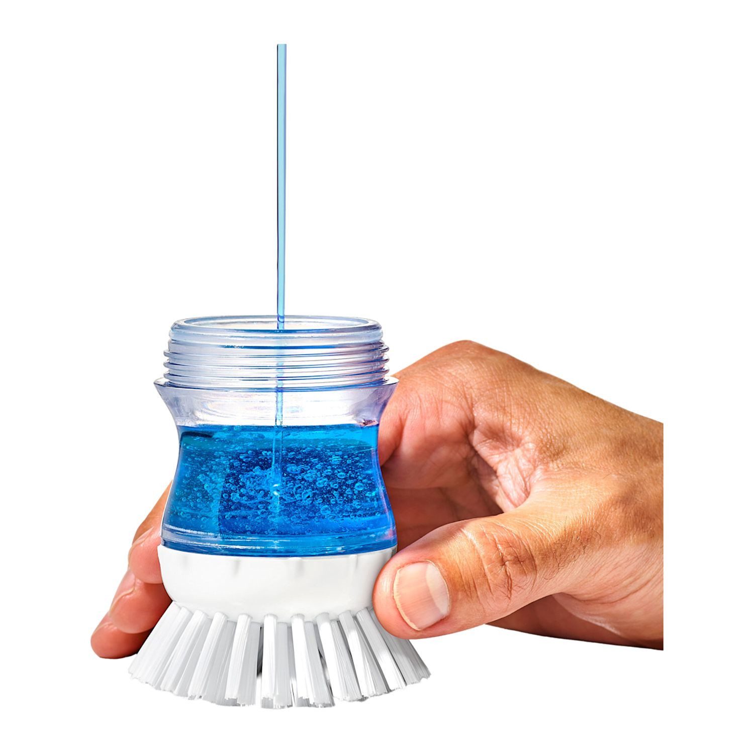 Black OXO Good Grips Soap Dispensing Palm Brush Storage Set with compact countertop holder, white and gray design, durable nylon bristles, and soap-dispensing palm brush for convenient dishwashing and kitchen cleanup.