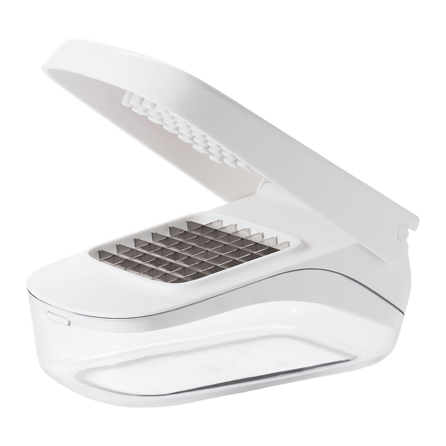 White OXO Good Grips Vegetable Chopper with Easy-Pour Opening, featuring a compact white and clear plastic container, black leverage-assist lid, and stainless steel chopping blades, designed for quickly chopping vegetables, fruits, onions, and peppers.
