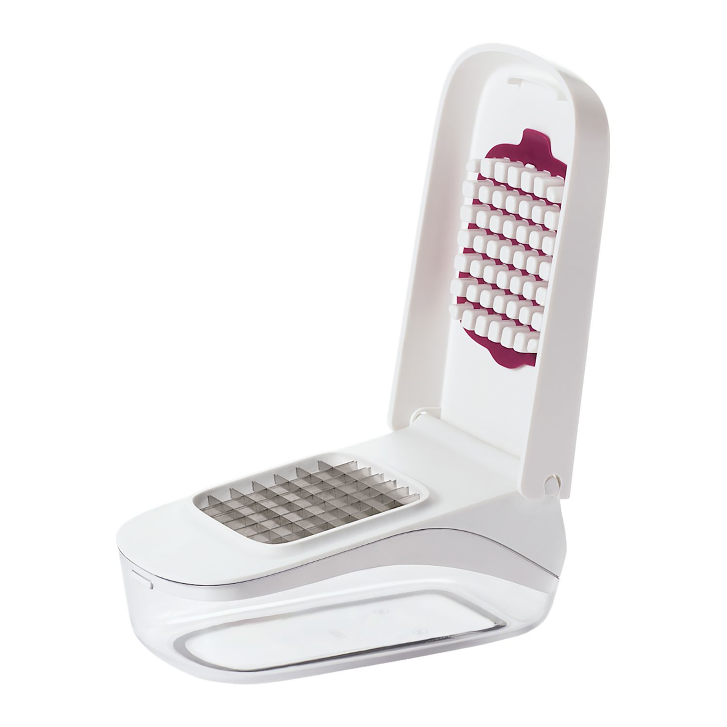 White OXO Good Grips Vegetable Chopper with Easy-Pour Opening, featuring a compact white and clear plastic container, black leverage-assist lid, and stainless steel chopping blades, designed for quickly chopping vegetables, fruits, onions, and peppers.