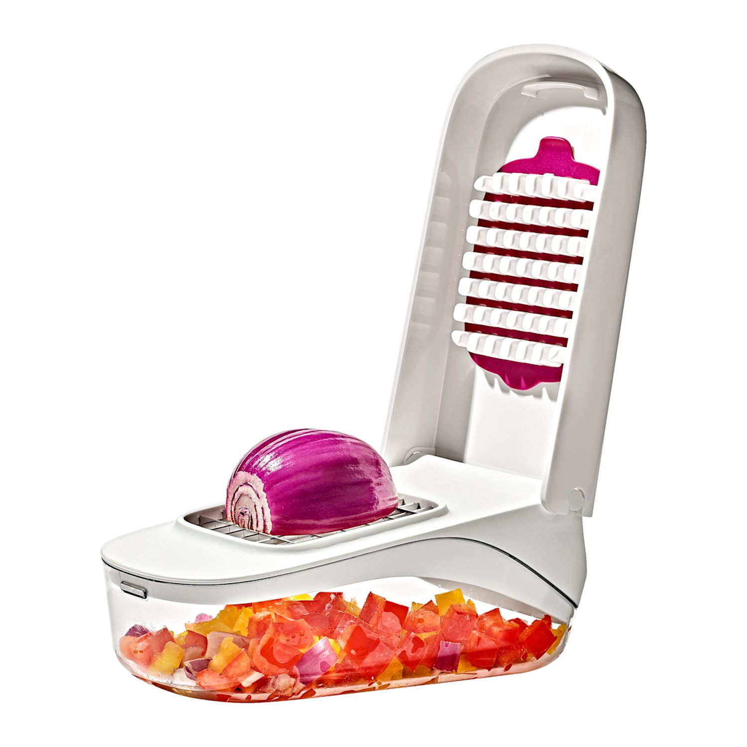 White OXO Good Grips Vegetable Chopper with Easy-Pour Opening, featuring a compact white and clear plastic container, black leverage-assist lid, and stainless steel chopping blades, designed for quickly chopping vegetables, fruits, onions, and peppers.