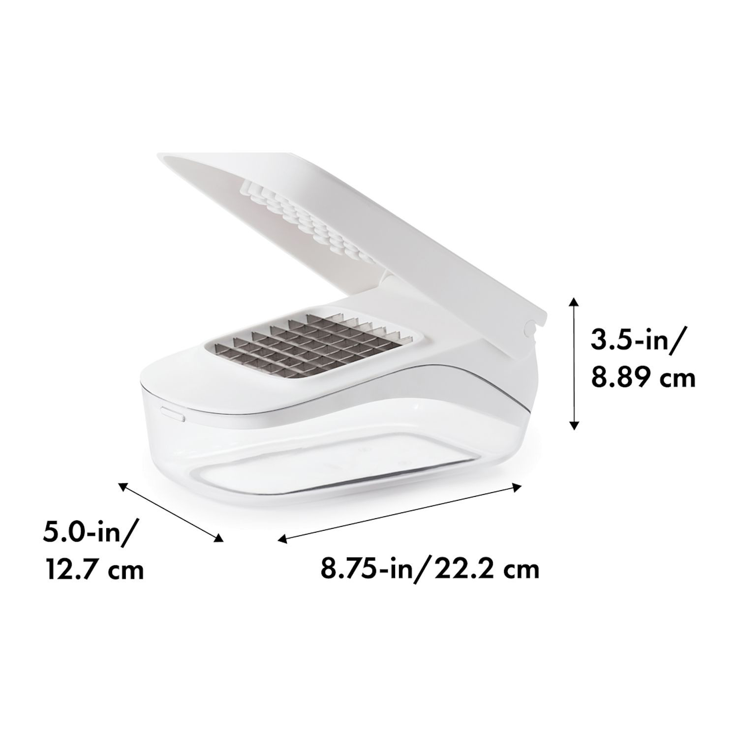 White OXO Good Grips Vegetable Chopper with Easy-Pour Opening, featuring a compact white and clear plastic container, black leverage-assist lid, and stainless steel chopping blades, designed for quickly chopping vegetables, fruits, onions, and peppers.