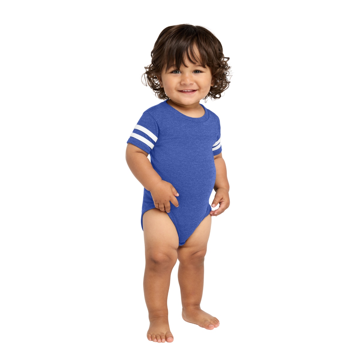 Royal Sporty baby bodysuit with contrasting sleeve stripes, ribbed collar, reinforced seams, and convenient three-snap closure.