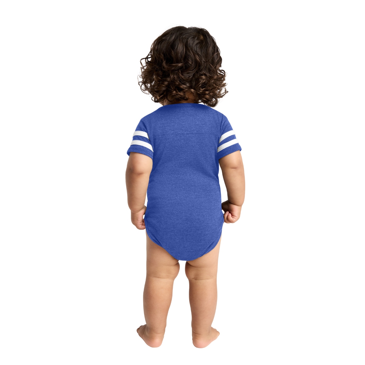 Royal Sporty baby bodysuit with contrasting sleeve stripes, ribbed collar, reinforced seams, and convenient three-snap closure.