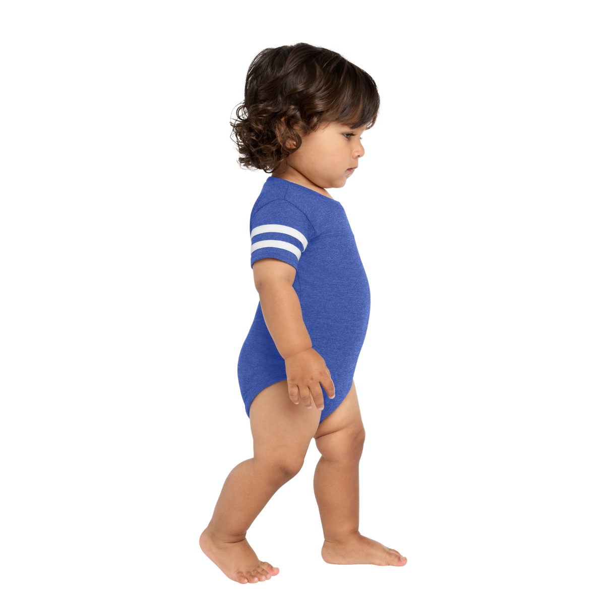 Royal Sporty baby bodysuit with contrasting sleeve stripes, ribbed collar, reinforced seams, and convenient three-snap closure.