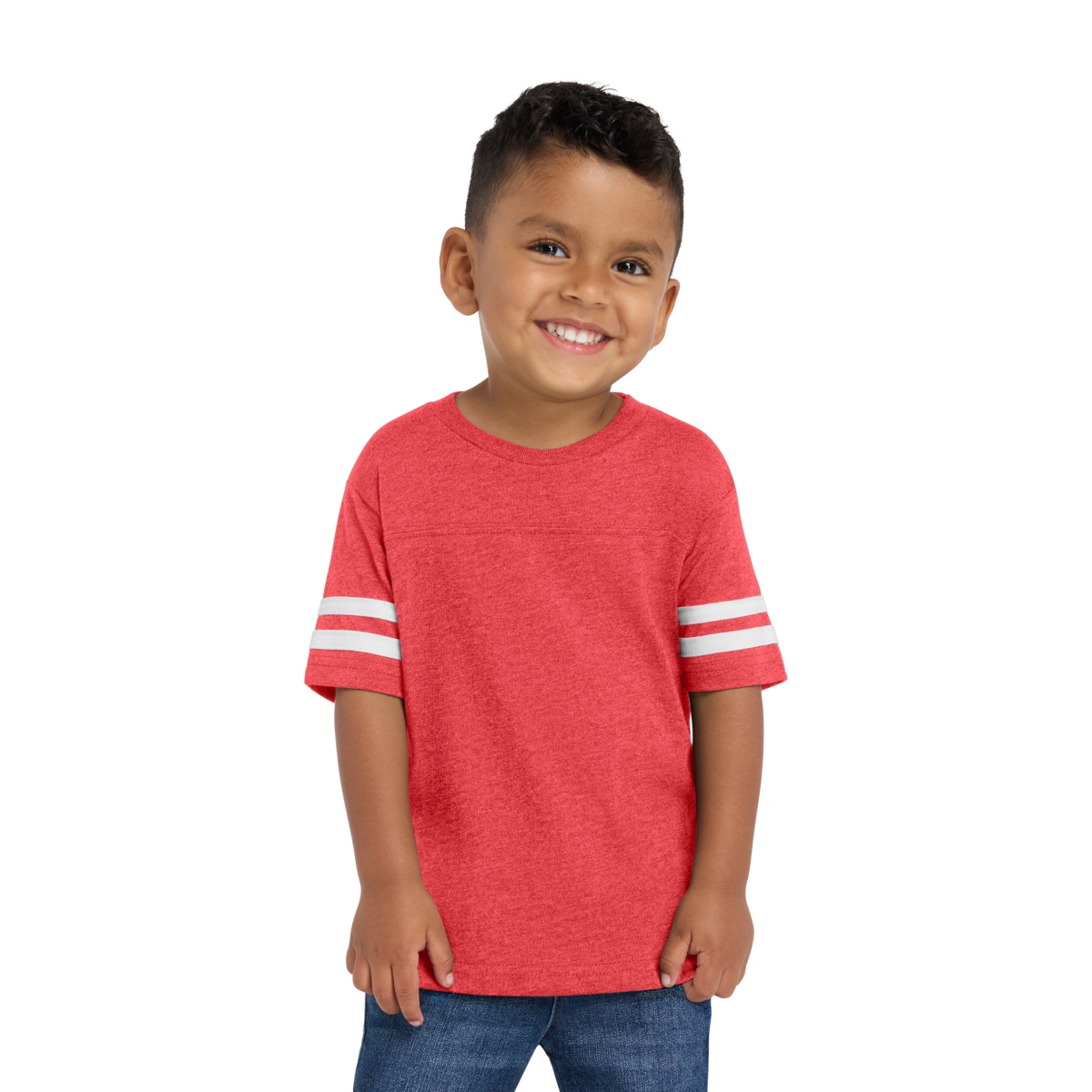 Red Football-style toddler tee with contrasting sleeve stripes, coverstitched yoke, ribbed collar, and durable double-needle stitching.