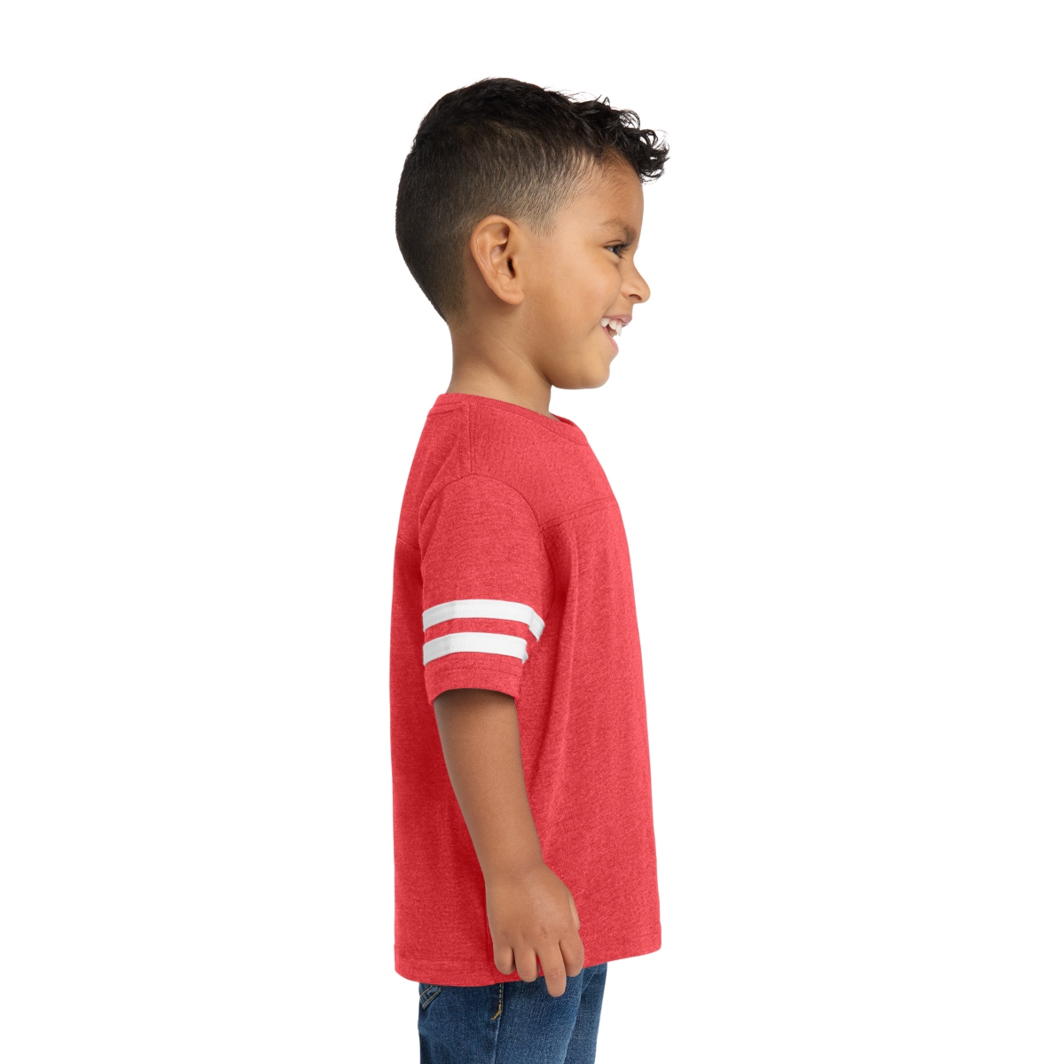Red Football-style toddler tee with contrasting sleeve stripes, coverstitched yoke, ribbed collar, and durable double-needle stitching.