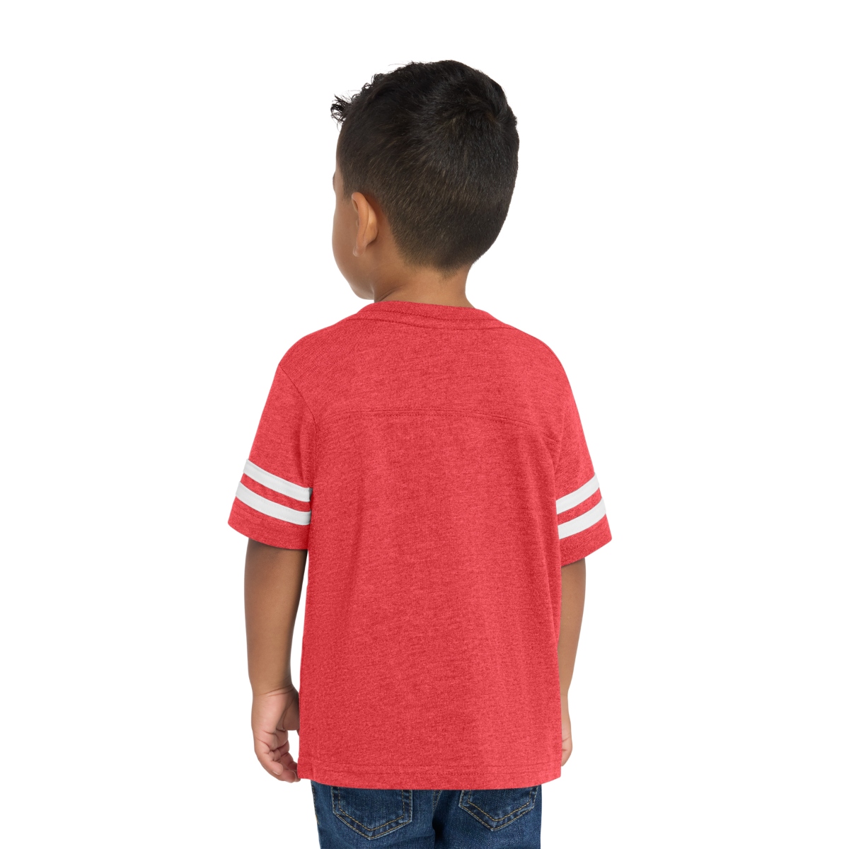 Red Football-style toddler tee with contrasting sleeve stripes, coverstitched yoke, ribbed collar, and durable double-needle stitching.