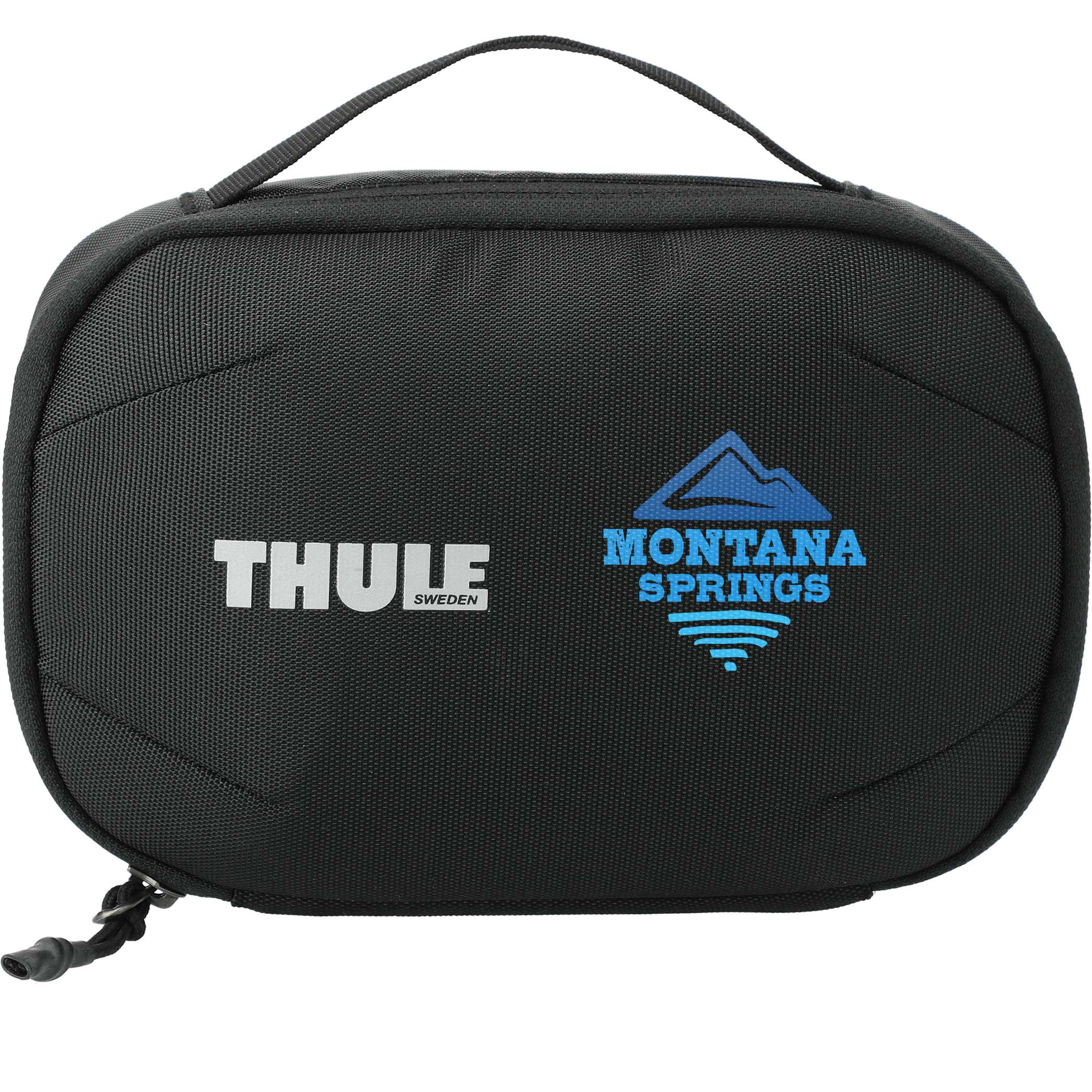 Black Thule Subterra PowerShuttle Travel Case in black nylon with a compact padded design, elastic loops, zippered pockets, and slip compartments for organizing charging cables, earbuds, power banks, and other electronic accessories while traveling.