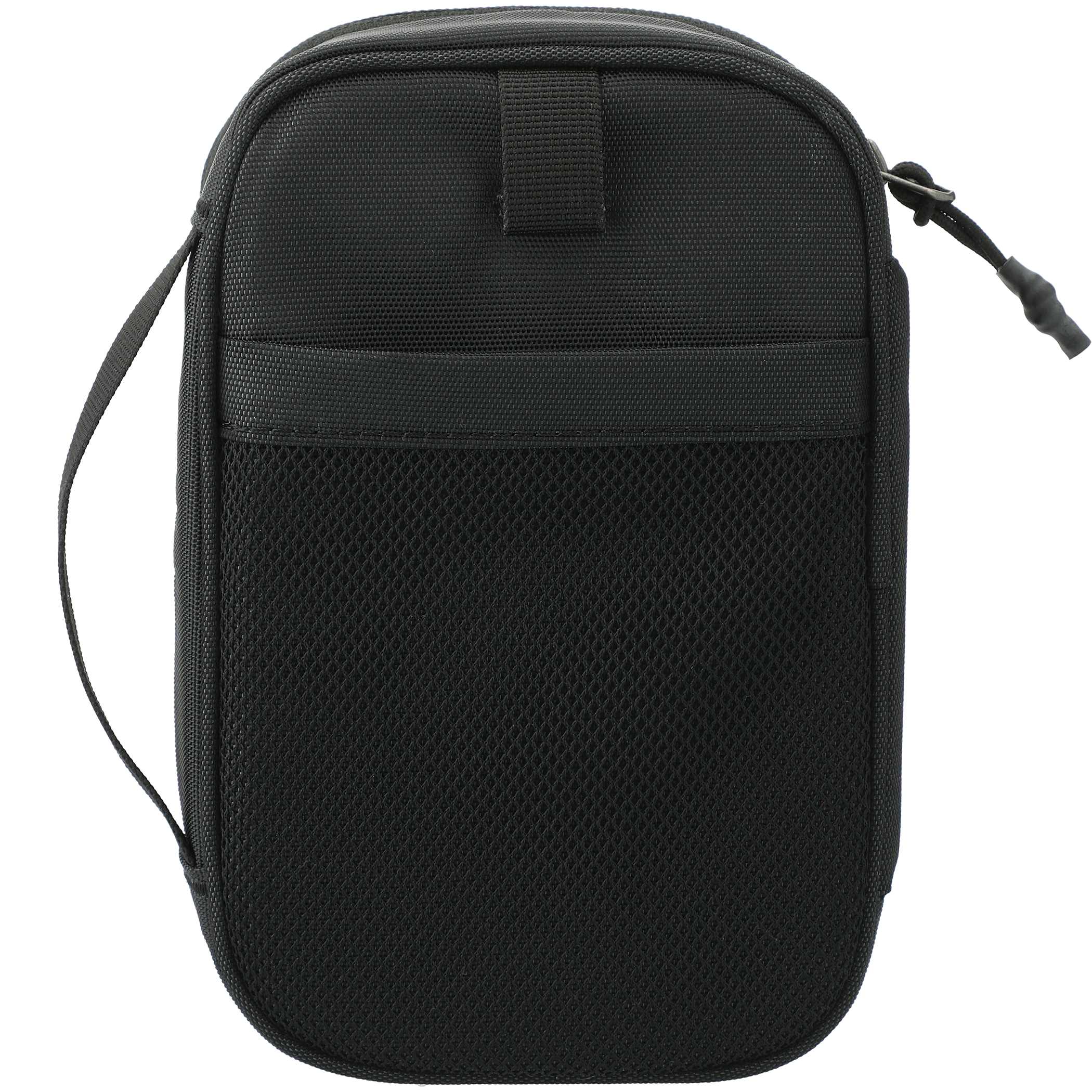 Black Thule Subterra PowerShuttle Travel Case in black nylon with a compact padded design, elastic loops, zippered pockets, and slip compartments for organizing charging cables, earbuds, power banks, and other electronic accessories while traveling.