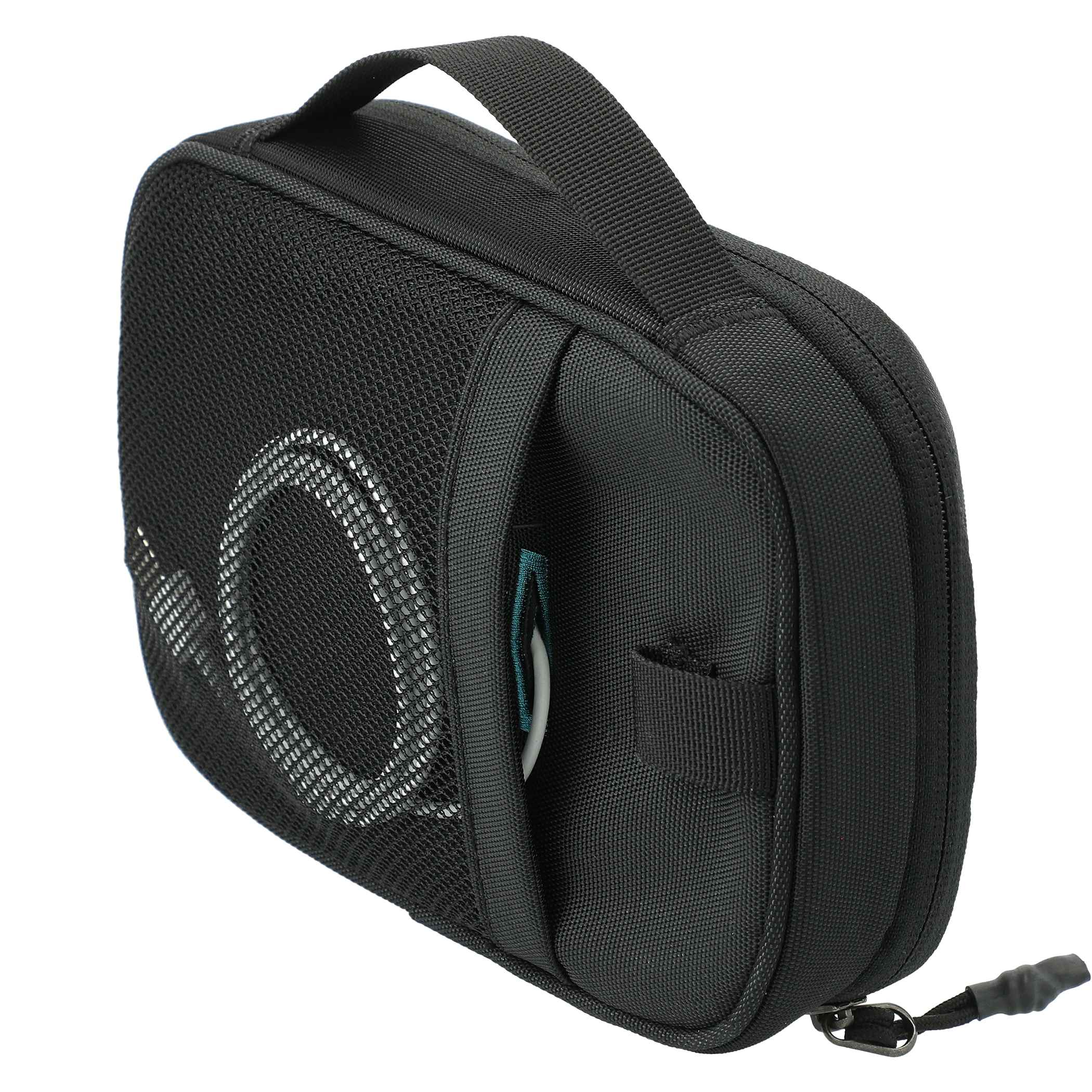 Black Thule Subterra PowerShuttle Travel Case in black nylon with a compact padded design, elastic loops, zippered pockets, and slip compartments for organizing charging cables, earbuds, power banks, and other electronic accessories while traveling.