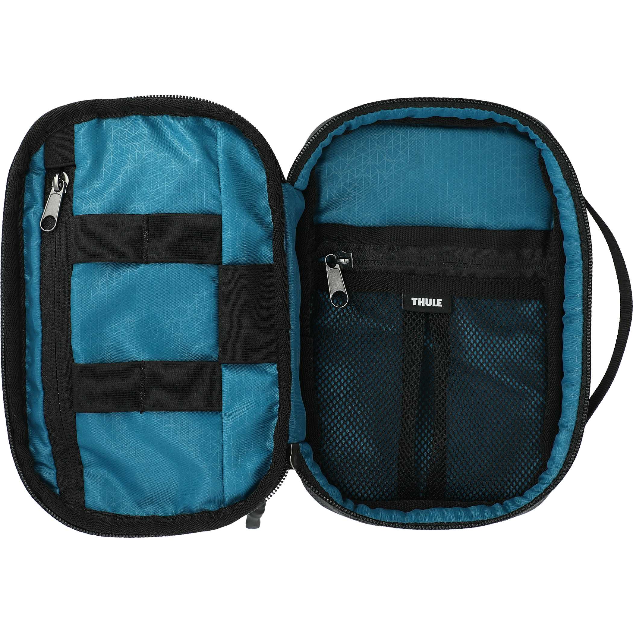 Black Thule Subterra PowerShuttle Travel Case in black nylon with a compact padded design, elastic loops, zippered pockets, and slip compartments for organizing charging cables, earbuds, power banks, and other electronic accessories while traveling.