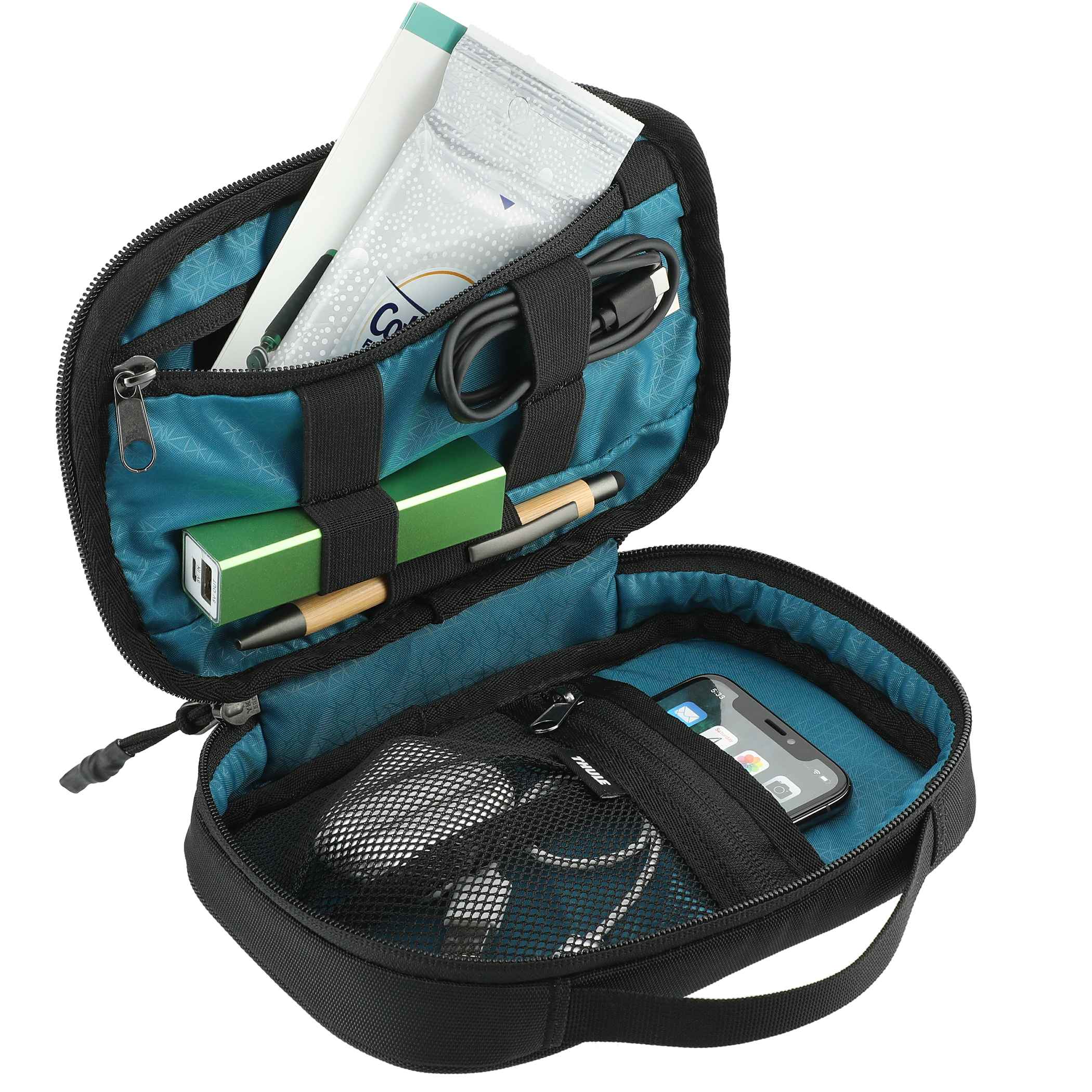 Black Thule Subterra PowerShuttle Travel Case in black nylon with a compact padded design, elastic loops, zippered pockets, and slip compartments for organizing charging cables, earbuds, power banks, and other electronic accessories while traveling.