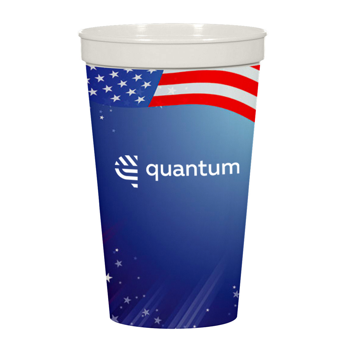White reusable stadium cup made with up to 25% post-industrial polypropylene, featuring a sturdy construction and full-wrap custom branding area.