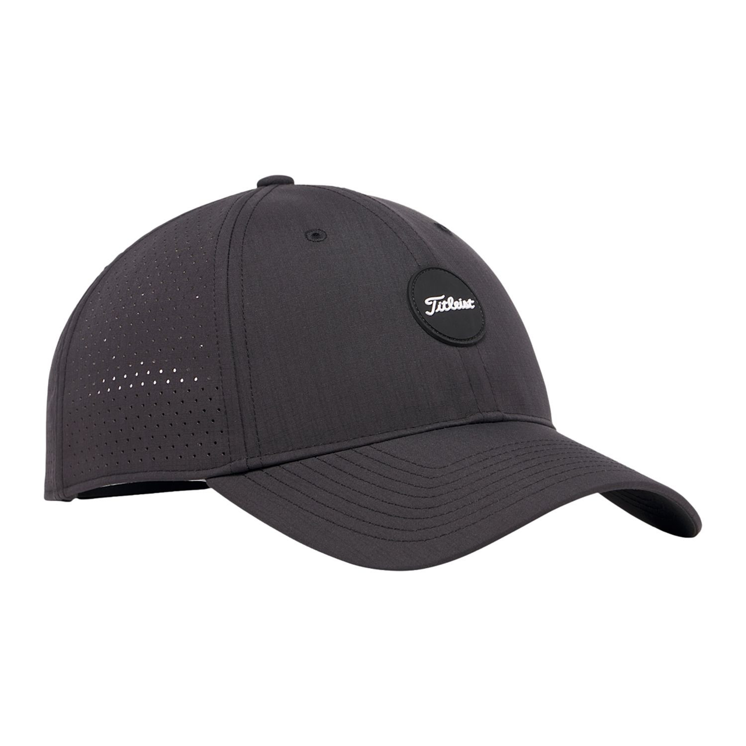 Black Titleist® Montauk Tech Golf Hat in tonal pinstripe fabric, featuring laser-perforated side panels, a cooling mesh liner, curved bill, adjustable backstrap, and TPU logo, designed for breathable comfort on the golf course.