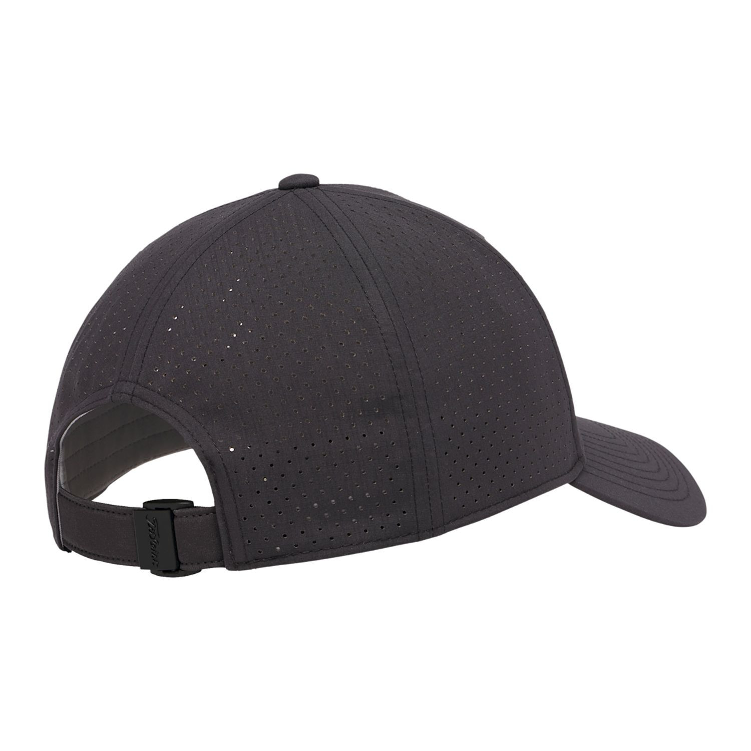 Black Titleist® Montauk Tech Golf Hat in tonal pinstripe fabric, featuring laser-perforated side panels, a cooling mesh liner, curved bill, adjustable backstrap, and TPU logo, designed for breathable comfort on the golf course.