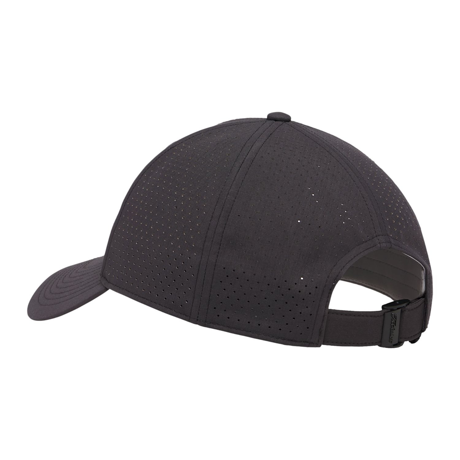Black Titleist® Montauk Tech Golf Hat in tonal pinstripe fabric, featuring laser-perforated side panels, a cooling mesh liner, curved bill, adjustable backstrap, and TPU logo, designed for breathable comfort on the golf course.