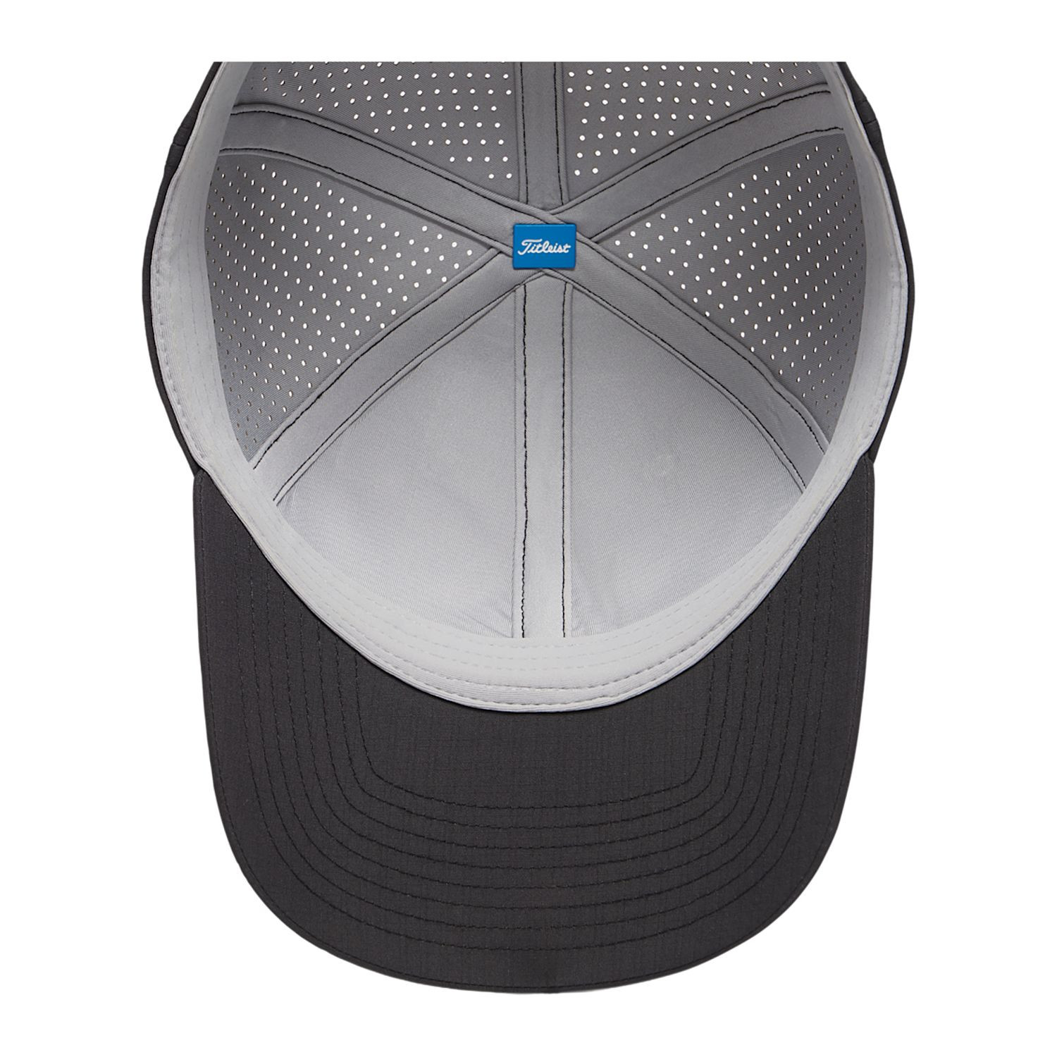 Black Titleist® Montauk Tech Golf Hat in tonal pinstripe fabric, featuring laser-perforated side panels, a cooling mesh liner, curved bill, adjustable backstrap, and TPU logo, designed for breathable comfort on the golf course.