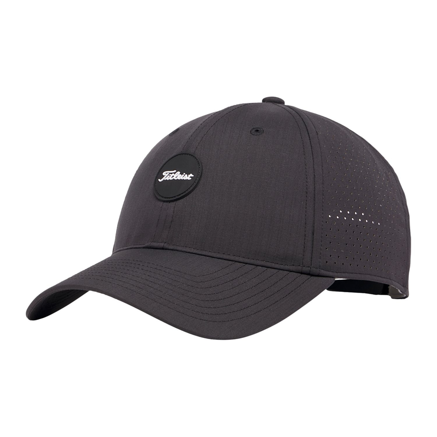 Black Titleist® Montauk Tech Golf Hat in tonal pinstripe fabric, featuring laser-perforated side panels, a cooling mesh liner, curved bill, adjustable backstrap, and TPU logo, designed for breathable comfort on the golf course.
