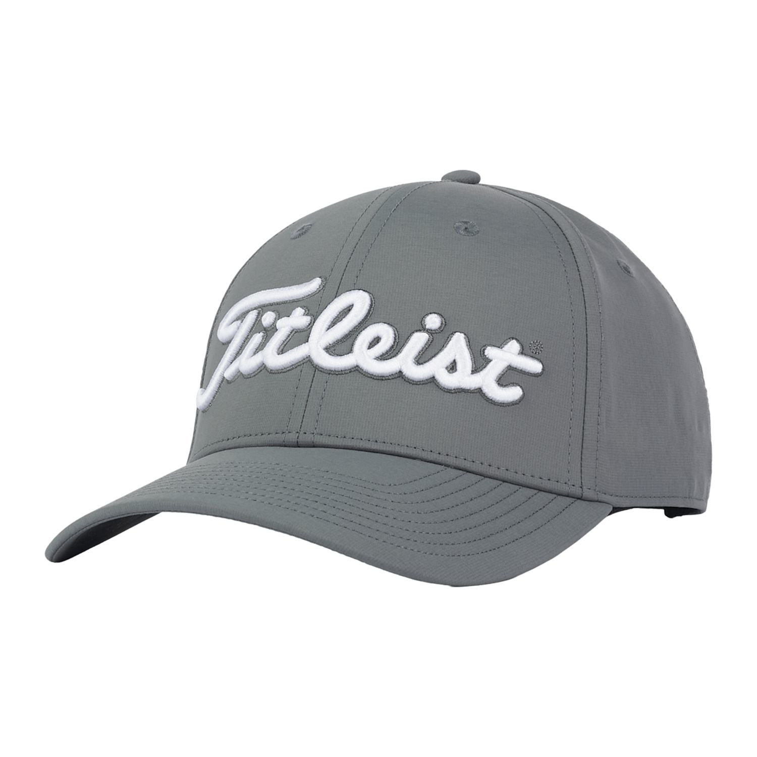 Gray and white Titleist Tour Performance golf hat featuring 4-way stretch performance fabric, a structured front panel, curved bill, adjustable stretch clasp closure, moisture-wicking properties, and UPF 50+ sun protection.