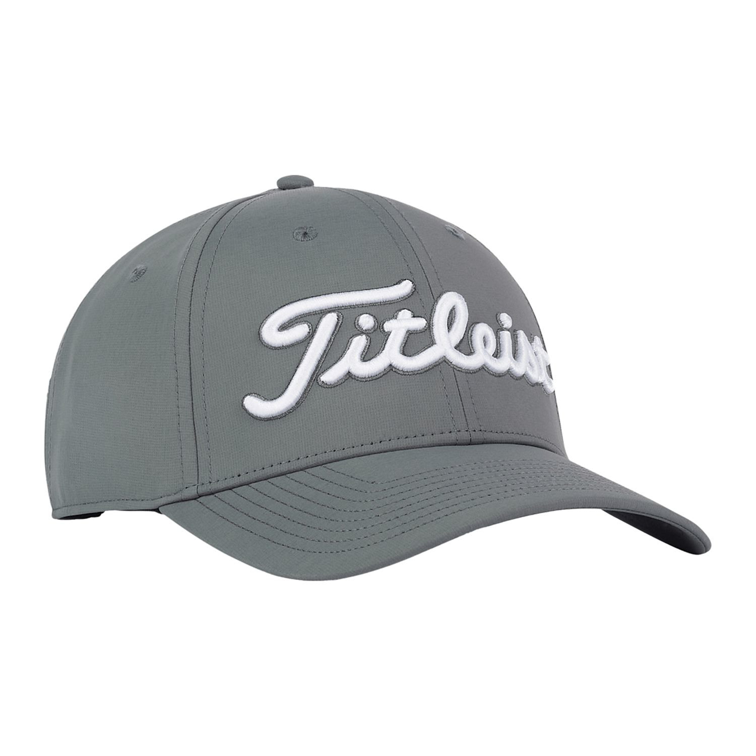 Gray and white Titleist Tour Performance golf hat featuring 4-way stretch performance fabric, a structured front panel, curved bill, adjustable stretch clasp closure, moisture-wicking properties, and UPF 50+ sun protection.