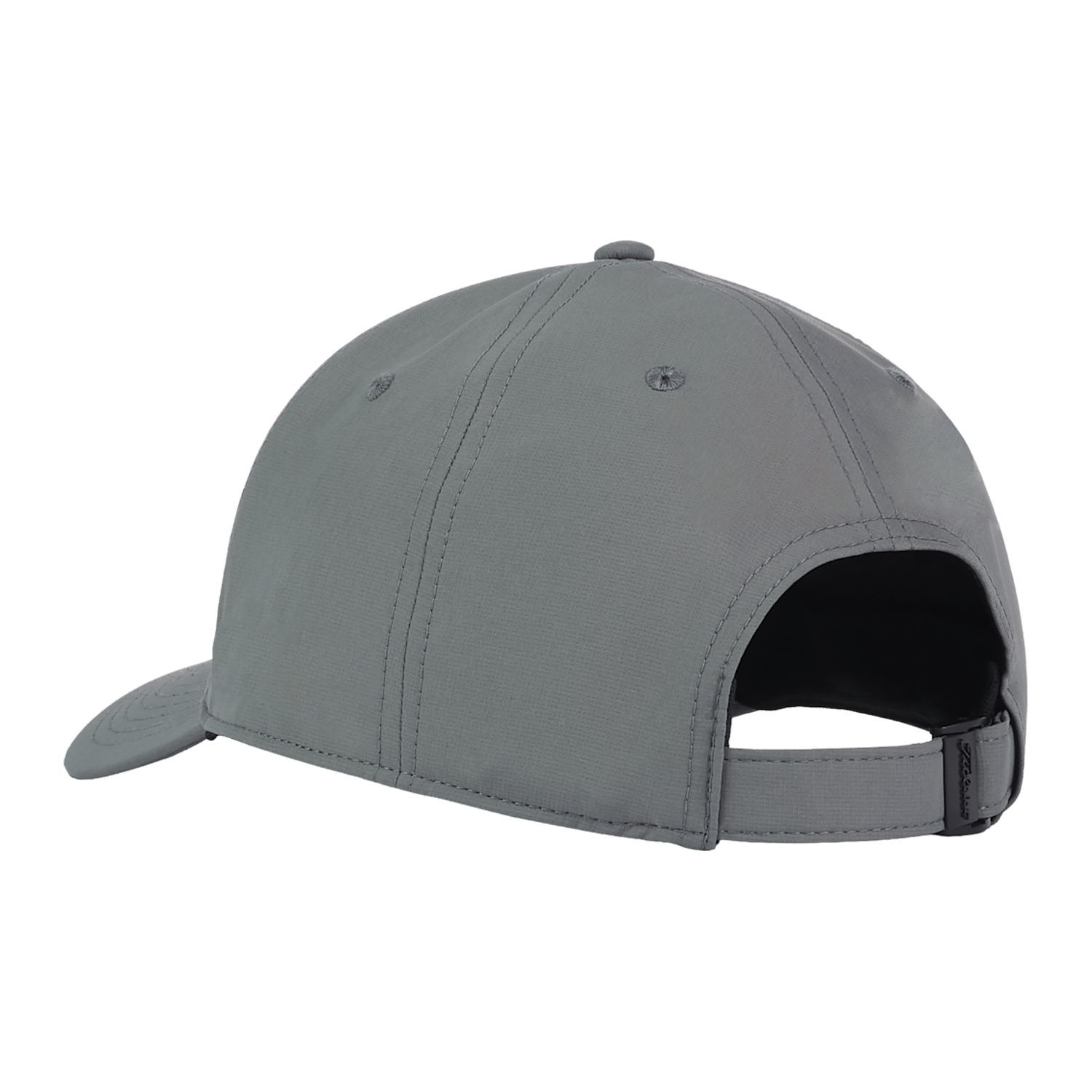Gray and white Titleist Tour Performance golf hat featuring 4-way stretch performance fabric, a structured front panel, curved bill, adjustable stretch clasp closure, moisture-wicking properties, and UPF 50+ sun protection.