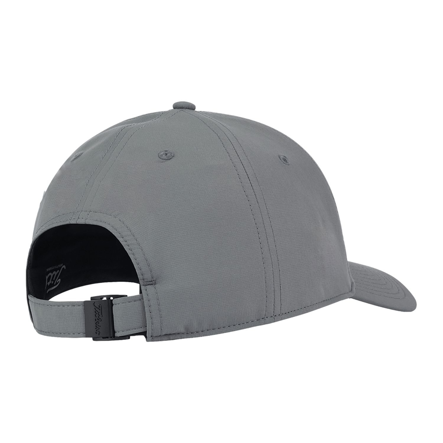 Gray and white Titleist Tour Performance golf hat featuring 4-way stretch performance fabric, a structured front panel, curved bill, adjustable stretch clasp closure, moisture-wicking properties, and UPF 50+ sun protection.